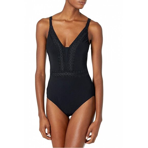 Profile by Gottex BLACK Roulette V-Neck Tummy Control One Piece Swimsuit Size 8 - Picture 1 of 8